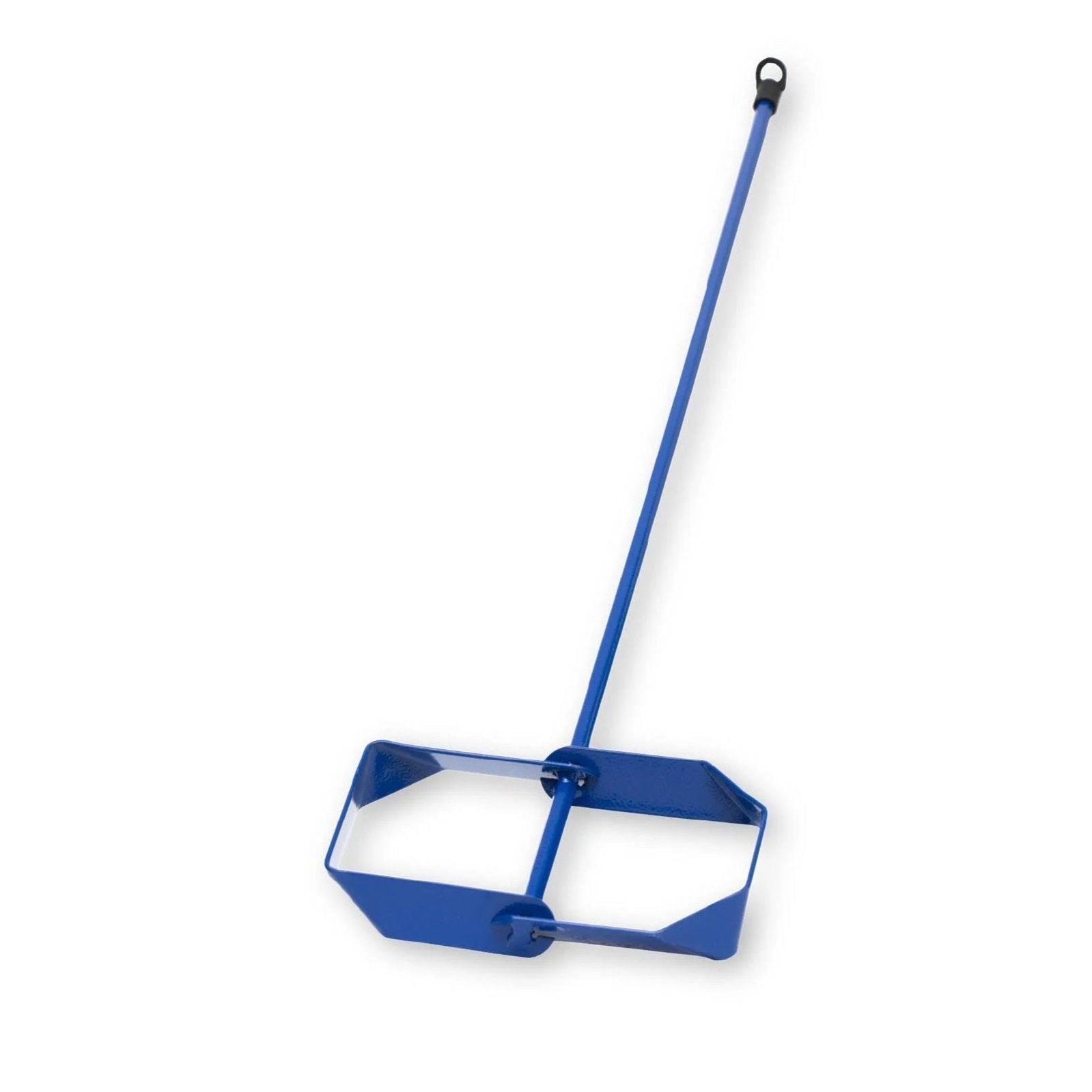 The MARSHALLTOWN 819 Quik-Mix 28 in. Mixer by MARSHALLTOWN features a durable blue metal frame, long handle, and square mixing blade, ideal for mixing cement and mortar efficiently. It is beautifully isolated on a white background.